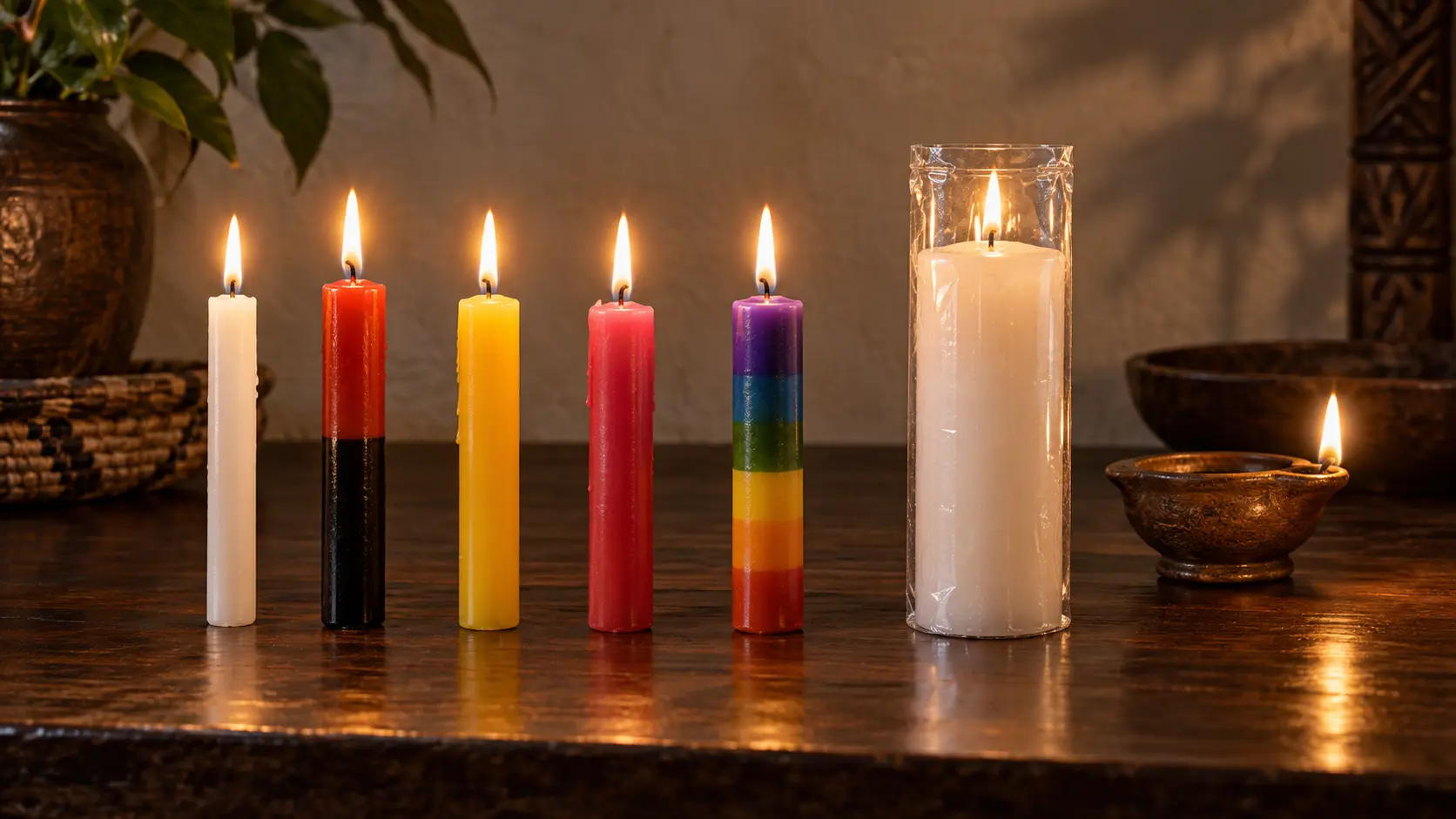 Six bougies rituelles allumées — blanche, rouge et noire, jaune, rouge rosé, multicolore et bougie de sept jours — accompagnées d’une petite lampe traditionnelle