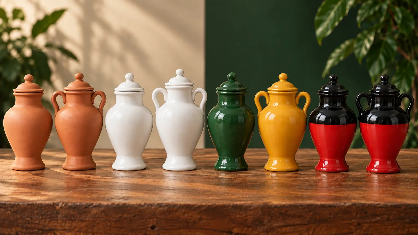 Huit quartinhas fermées en terre cuite, céramique et porcelaine, comprenant des modèles blancs et colorés avec ou sans anses
